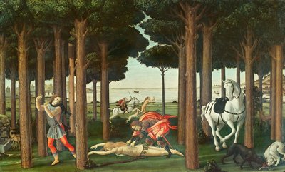 追求される女性の解体：ナスタジオデグリオネスティの物語のシーンII、c.1483（パネル上のテンペラ） 作： Sandro Botticelli