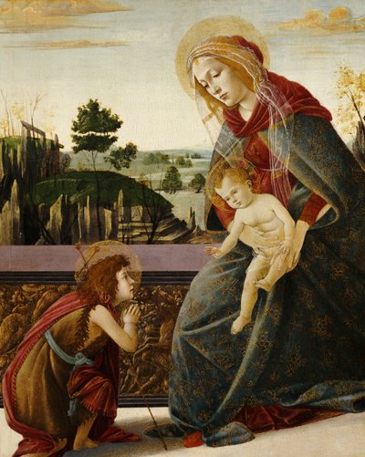 風景の中の洗礼者聖ヨハネとマドンナと子供 作： Sandro Botticelli