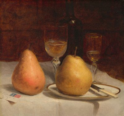 卓上に置かれた 2 つの梨 作： Sanford Robinson Gifford