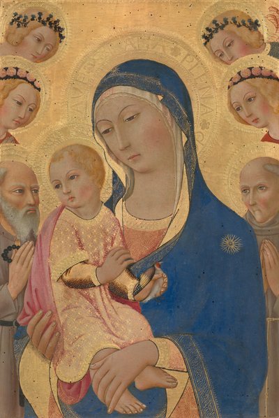 聖ジェローム、聖ベルナルディーノ、天使たちと一緒のマドンナと子供、c。 14601470。 作： Sano di Pietro