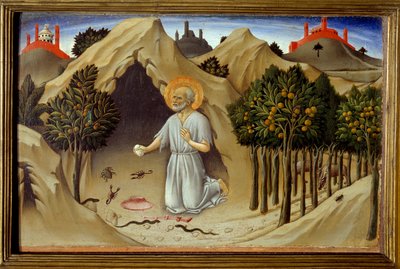 聖人ジェロームの生涯の場面：「聖人ジェロームの懺悔」 サノ・ディ・ピエトロ（1406-1481）の絵画 15世紀。日 0,23x0,36 m 作： Sano di also Ansano di Pietro di Mencio Pietro