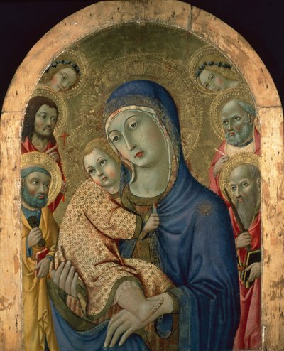 聖人と天使の聖母子（パネル上のテンペラ） 作： Sano di also Ansano di Pietro di Mencio Pietro