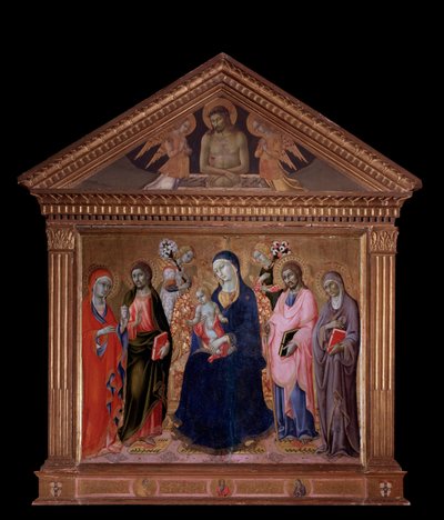 聖母子と聖ヤコブ、聖フィリッポ、聖アンナ、聖マグダラのマリア - 木に油彩 作： Sano di also Ansano di Pietro di Mencio Pietro
