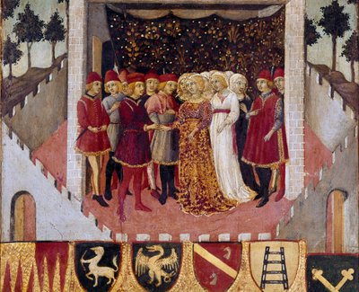シエナ市の貴族のカップルの結婚式 1473年にビッシェルナ（シエナ市の会計簿の表紙）を飾るサノ・ディ・ピエトロ（1406-1481）の絵。イタリア、シエナ市スタト公文書館 作： Sano di also Ansano di Pietro di Mencio Pietro
