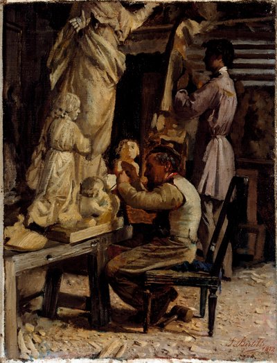彫刻家の工房。 サンテ・ベルテッリ (1840-1892) の絵画 作： Sante Bertelli