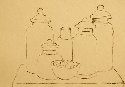 素朴な台所用瓶の静物画 作： 