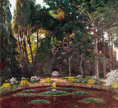 アールヌーボーの「庭」（Arbucies）。サンティアゴ・ルシノール・イ・プラッツ（1861-1931）による絵画 19世紀後半 エル・ヴァンドレル。パウ・カザルスの家・博物館。 作： Santiago Rusinol i Prats