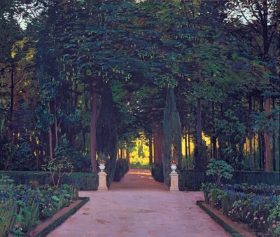 ルシノール、サンティアゴ（1861-1931）による《アランフェスの庭園》。油彩・キャンバス、1899年頃。寸法117x139cmアブロ・コレクション 作： Santiago Rusinol i Prats