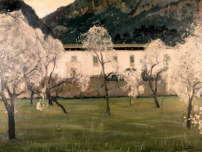 木々に花が咲く風景。サンティアゴ・ルシノール・イ・（イ）・プラッツ（1861-1931）の絵画。キャンバスに油彩
バルセロナカタルーニャ国立美術館 作： Santiago Rusinol i Prats