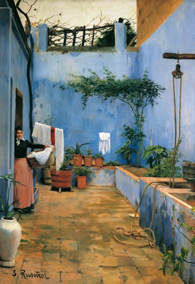 ""青い中庭"" (El patio azul) サンティアゴ・ルシノール・イ・（イ）・プラッツ（1861-1931）の絵画 1892年 モニストロール・デ・モンセラット。モンセラットの博物館。 作： Santiago Rusinol i Prats