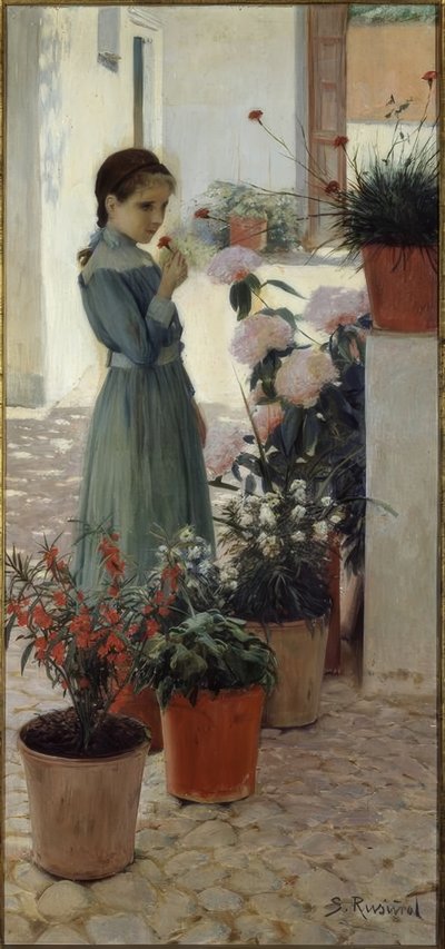 花です。カーネーションの少女 作： Santiago Rusiñol