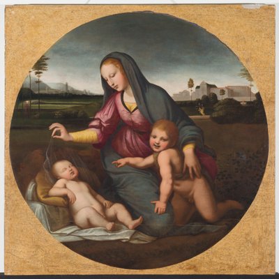 若い聖ヨハネとマドンナと子供、1500年頃（木に油彩） 作： Sanzio of Urbino (follower of) Raphael