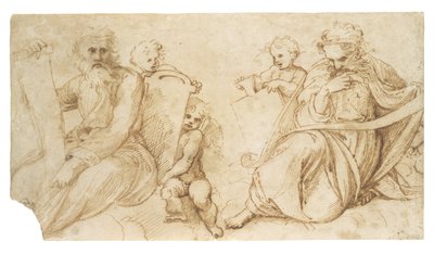 巻物を持った2人の預言者とタブレットを置くパティ 作： Sanzio of Urbino Raphael