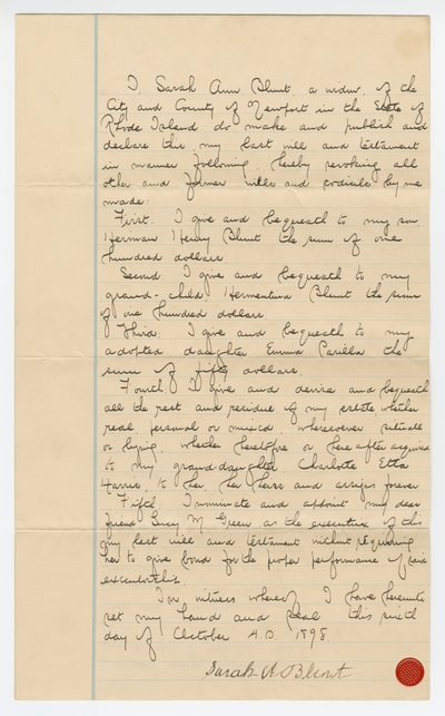 サラ・アン・ブラント・クロズリーの遺言と遺言、1898 年 10 月。 作： Sarah Ann Blunt Crozley