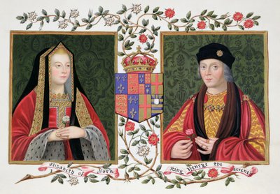 エリザベスオブヨーク（1465-1503）とヘンリーVII（1457-1509）の二重の肖像画。ヨークの白いバラとランカスターの赤いバラ（182年に出版された「エリザベス女王の裁判所の回想録」より） 作： Sarah Countess of Essex