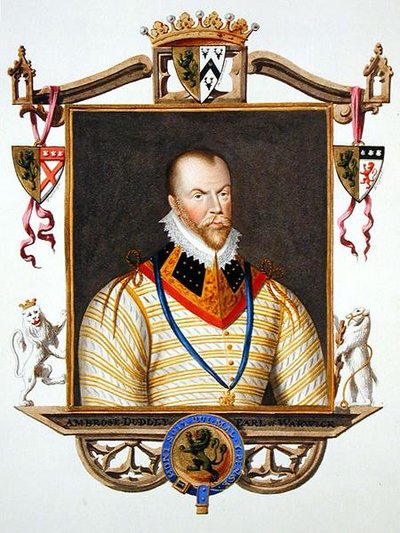 アンブローズ・ダドリー（c.1528-d.15 90）ウォーリック伯爵の肖像（1825年に出版された「エリザベス女王の宮廷の回想録」より）（紙に水彩、ガッシュ 作： Sarah Countess of Essex