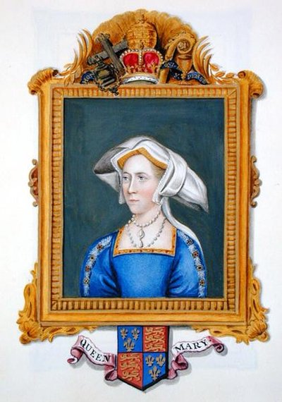 1825年に出版された「Memoirs of the Court of Queen Elizabeth（エリザベス女王の宮廷の回想録）」から、メアリー女王と呼ばれていたアン・ブーリンの肖像（水彩・ガッシュ・紙 作： Sarah Countess of Essex