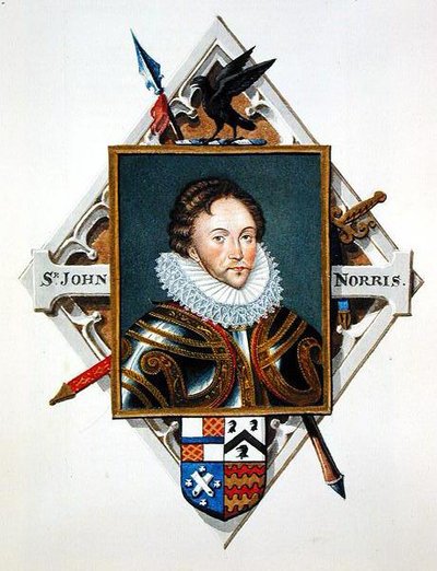 キャプテン・サー・ジョン・ノリス（c.1547-97）の肖像（1825年に出版された「Memoirs of the court of the Queen Elizabeth」より）（紙に水彩、ガッシュ 作： Sarah Countess of Essex