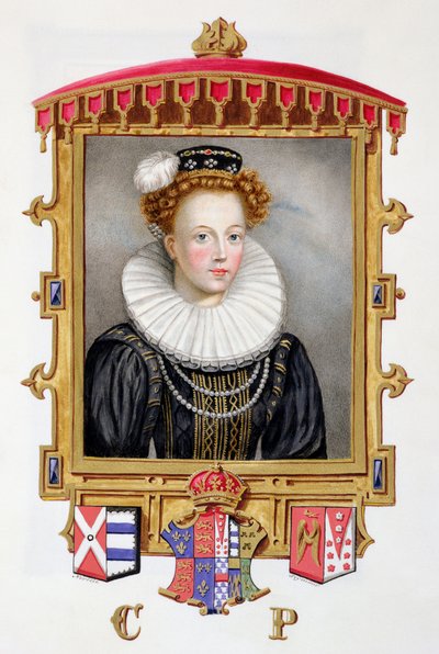 キャサリン・パーの肖像（1512-1548）1825年に出版された「エリザベス女王の裁判所の回想録」からの若き未亡人としてのヘンリー8世の6人目の妻（紙とガッシュ紙） 作： Sarah Countess of Essex