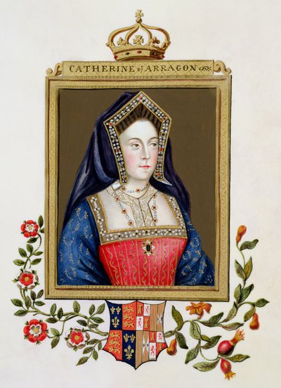アラゴンのキャサリンの肖像（1485-1536）1825年に出版された「エリザベス女王の回顧録」からのヘンリー8世の最初の女王（紙とトイレとガッシュ） 作： Sarah Countess of Essex