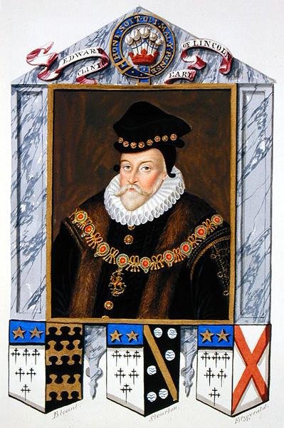 エドワード・ファインズ・ド・クリントン（1512-85）第1代リンカーン伯爵の肖像（1825年に出版された「エリザベス女王の宮廷の回顧録」より）（紙に水彩、ガッシュ 作： Sarah Countess of Essex