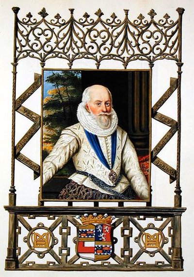 エドワード・サマセット（1553-1628）第4代ウスター伯爵の肖像（1825年に出版された「エリザベス女王宮廷の回顧録」より）（紙に水彩・ガッシュ 作： Sarah Countess of Essex