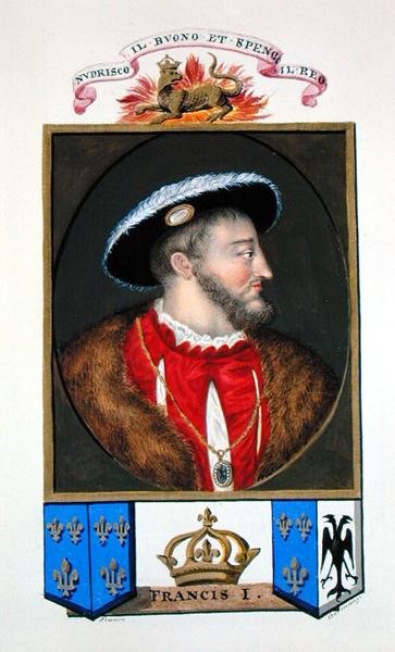 1825年に出版されたティツィアーノ（c.1488-1576）の肖像画の後に描かれた「エリザベス女王宮廷回顧録」からのフランス王フランソワ1世（1494-1547）の肖像（紙に水彩、ガッシュ 作： Sarah Countess of Essex