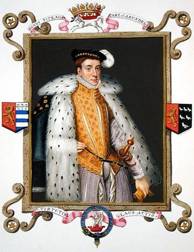 ヘンリー・フィッツァラン（c.1511-80）第12代アランデル伯爵の肖像（1825年に出版された「エリザベス女王の宮廷の回想録」より）（紙に水彩、グワッシュ 作： Sarah Countess of Essex