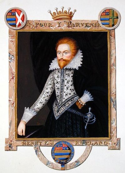 ヘンリー・マナーズ（1563年没）第2代ラトランド伯爵の肖像（1825年に出版された「エリザベス女王の宮廷の回顧録」より）（紙に水彩、ガッシュ 作： Sarah Countess of Essex