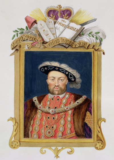 ハンプトンコートでのハンスホルバイン（14978-1543）のフレスコ画をモデルにした肖像画の後の、「エリザベス女王の裁判所の回想録」からの信仰の擁護者としてのヘンリー8世（1491-1547）の肖像画、出版 作： Sarah Countess of Essex