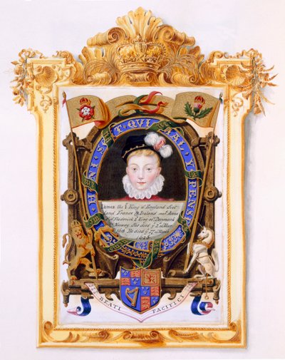 スコットランドのジェームズ6世の肖像画（1566-1625）1825年に出版された &39;エリザベス女王の裁判所の回想録&39;から1574年頃のイギリスのジェームズ1世（紙とトイレとガッシュ） 作： Sarah Countess of Essex