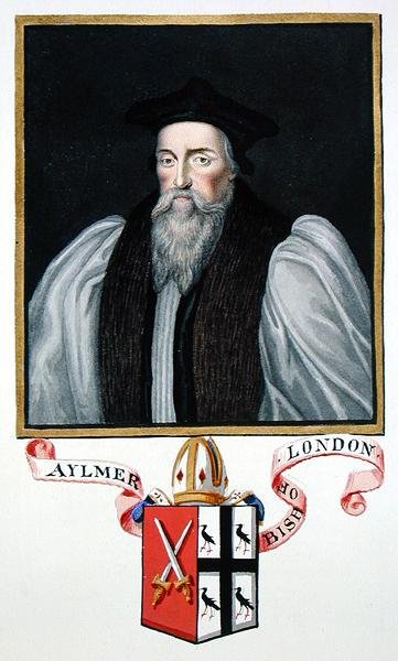 ジョン・アイルマー（1521-94）ロンドン司教の肖像（1825年に出版された「エリザベス女王の宮廷の回想録」より）（紙に水彩・ガッシュ 作： Sarah Countess of Essex