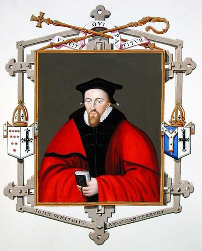 ジョン・ウィットギフト（c.1530-1604）カンタベリー大司教の肖像（1825年に出版された「エリザベス女王の宮廷の回顧録」より）（紙に水彩・ガッシュ 作： Sarah Countess of Essex