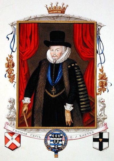 トーマス・セシル卿（1542-1623）初代エクセター伯爵、第2代バーグリー卿の肖像（1825年に出版された「エリザベス女王の宮廷の回顧録」より）（紙に水彩、ガッシュ 作： Sarah Countess of Essex