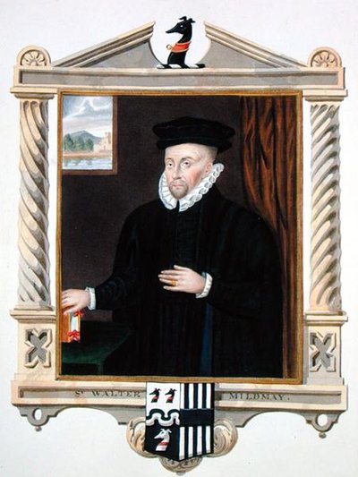 サー・ウィリアム・シーガー（d.1633）の肖像画をもとに1825年に出版された「Memoirs of the Court of the Queen Elizabeth」からサー・ウォルター・ミルドメイ（c.1520-89）の肖像（水彩、ガッシュ、紙） 作： Sarah Countess of Essex