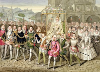 18日に公開されたシャーボーン城でのロバートピーク（c.1592-1667）に起因する油の後で、「エリザベス女王の裁判所の回想録」から彼女の廷臣（c.160003）と一緒に行列にあるエリザベス女王1世 作： Sarah Countess of Essex