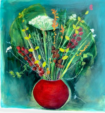 あずき色の花瓶、2022年（キャンバスに油彩） 作： Sarah Thompson Engels