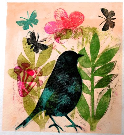 鳥と蝶,2019（インクモノプリント 作： Sarah Thompson Engels