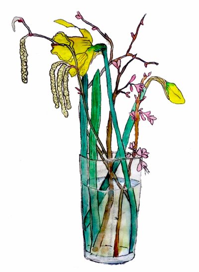水仙とキャットキンズ,2018（水彩画 作： Sarah Thompson Engels