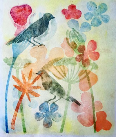 二羽の鳥と花,2019（インクモノプリント 作： Sarah Thompson Engels