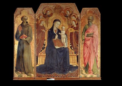 6人の天使に囲まれた聖母と幼子。周りには周囲には、パドヴァの聖アンソニー（san antonio di padova）と福音書記者の聖ヨハネが描かれています。ステファノ・ディ・ジョヴァンニ・サッセッタ（1392〜1450）の祭壇画 作： Sassetta (c.1392 1450)