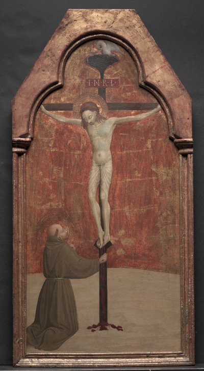 十字架上のキリストの前にひざまずく聖フランシス、1437-1444。 作： Sassetta