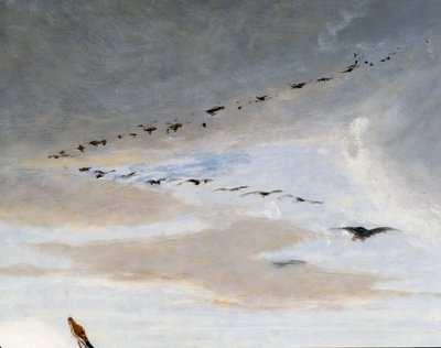 フランチェスコ・サヴェリオ・アルタムラ（1822-1897）の絵画『マリウスの勝利』の細部、V字型に並ぶ鳥たち、油彩・キャンバス、234x352cm、イタリア 作： Saverio Altamura