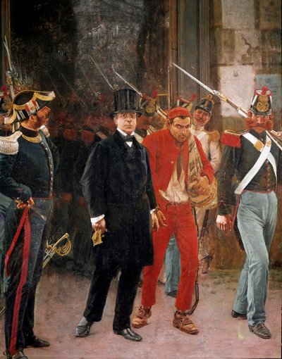 リソルジメント：「イタリアの愛国者で政治家のカルロ・ポエリオ（1803-1867）の逮捕」フランチェスコ・サヴェリオ・アルタムラ（1822-1897）の絵画 ナポリ、サンマルティーノ美術館 作： Saverio Altamura