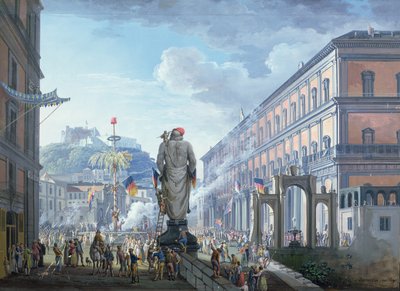 自由の樹が伐採され、軍隊が一斉に1799年、1800年に監督された瞬間のパラッツォレアーレ 作： Saviero Xavier della Gatta