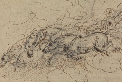 疾走する4頭の馬: (?) 神話の研究、おそらくフェートンの戦車のため 作： Sawrey Gilpin