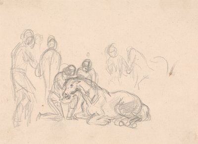 Two figures kneeling beside a horse...   1445621   ja       japanese Successfully Translated  Original: Representation of the good position of two fetuses during a gemellar pregnancy Engraving from “” La nature et lhomme” by Rengade 1881 Private collection 作： Sawrey Gilpin