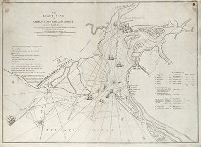 1776年6月28日、ピーター・パーカー卿の指揮する陛下の艦隊によるサリヴァン砦の攻撃と、実際の測量によるチャールズ・タウンの砂州と港の正確な平面図。 作： Sayer & Bennett