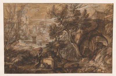 アンティークの石棺の近くの羊飼いのいる風景 作： Sébastien Bourdon (attributed to)