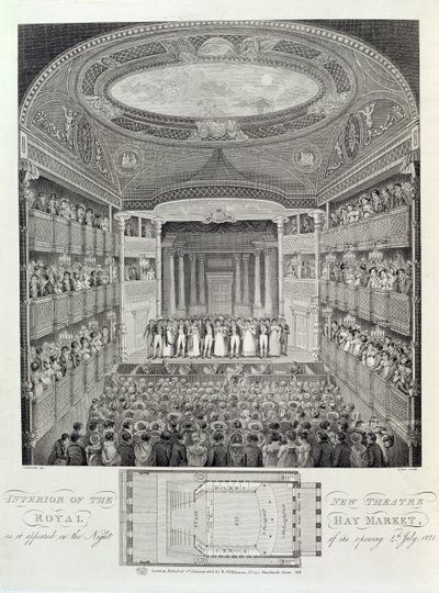 1821年7月4日、ジェームズストウ（c.1770-p.1823）によって刻まれた1821年7月4日のオープニングの夜に登場した、新しいシアターロイヤルのヘイマーケットのインテリア、1823年 作： Schebbellie